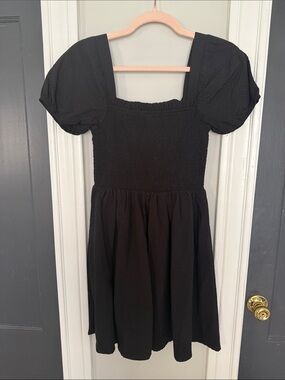Copper Key Black Smocked Square-Neck Puff Sleeve Dress